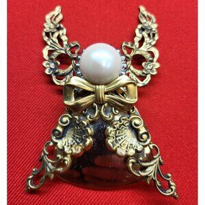 Vintage Signed Jane Faux Pearl Bronze Gold Tone Angel Brooch Pin